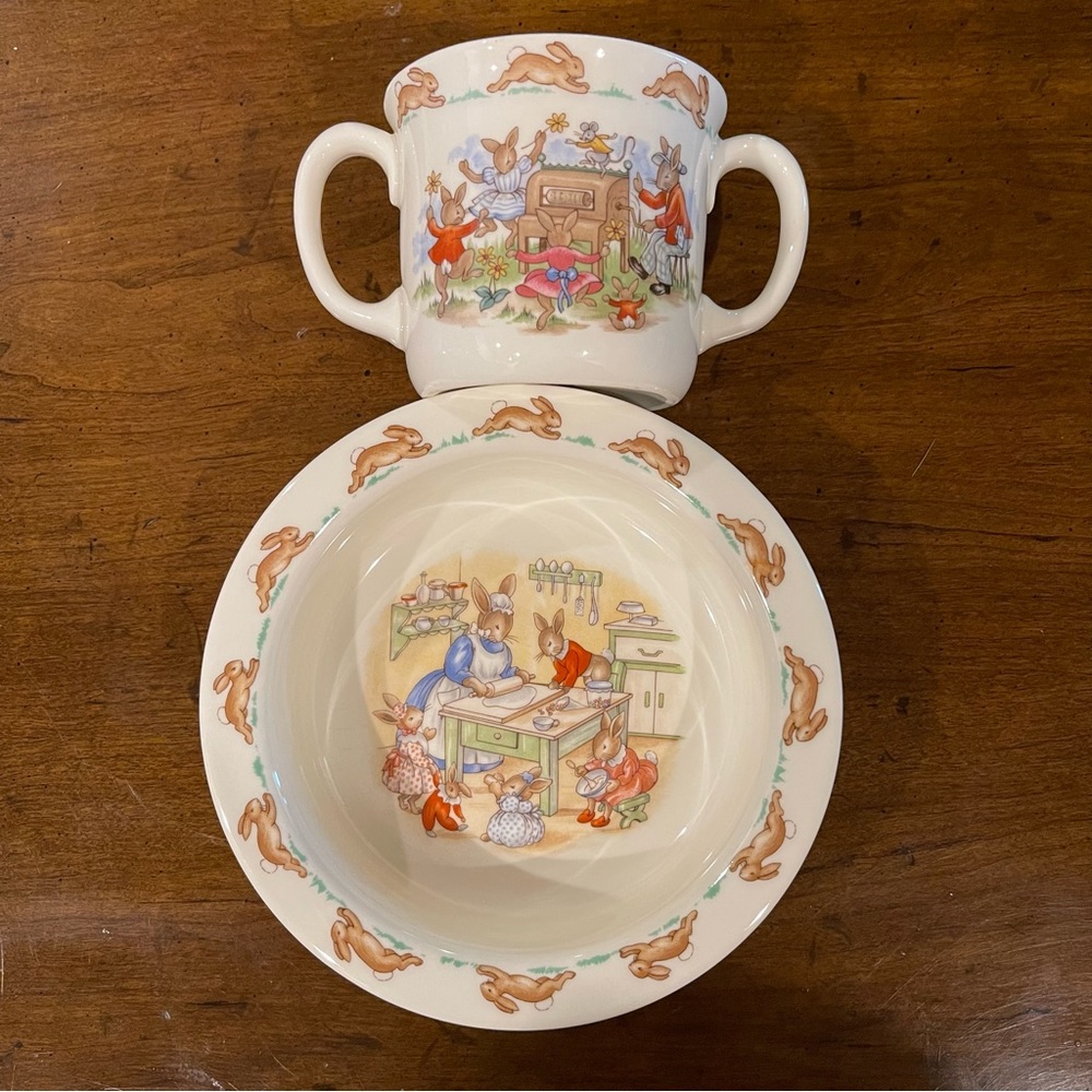 Vintage 1984 Bunnykins Royal Doulton toddler’s bowl and two handle mug set